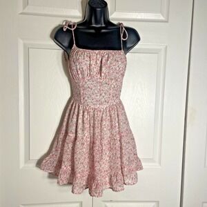 Sky To Moon Dress Womens Small Pink Floral Mini Sundress Ruffle Hem Sleeveless